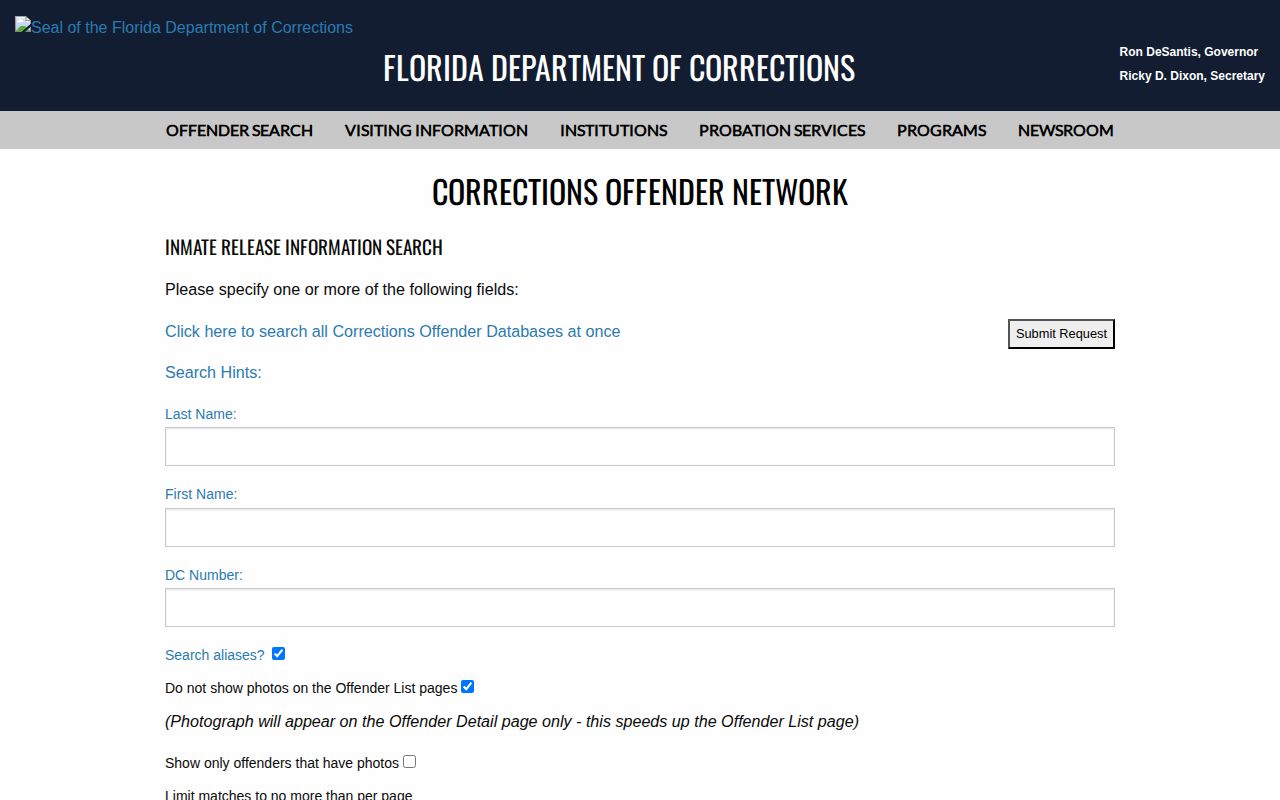 Putnam Correctional Institution FDC inmate release search fields