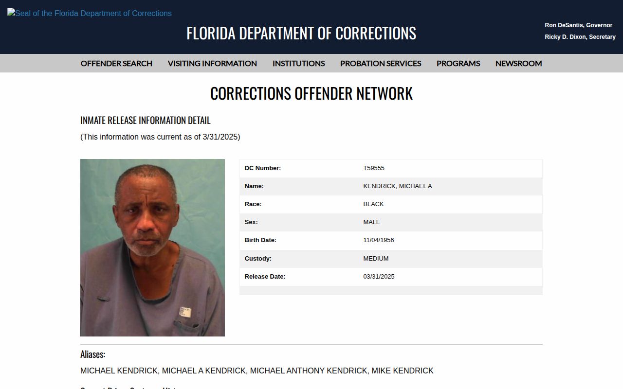Florida corrections release detail used for a Putnam County state inmate lookup