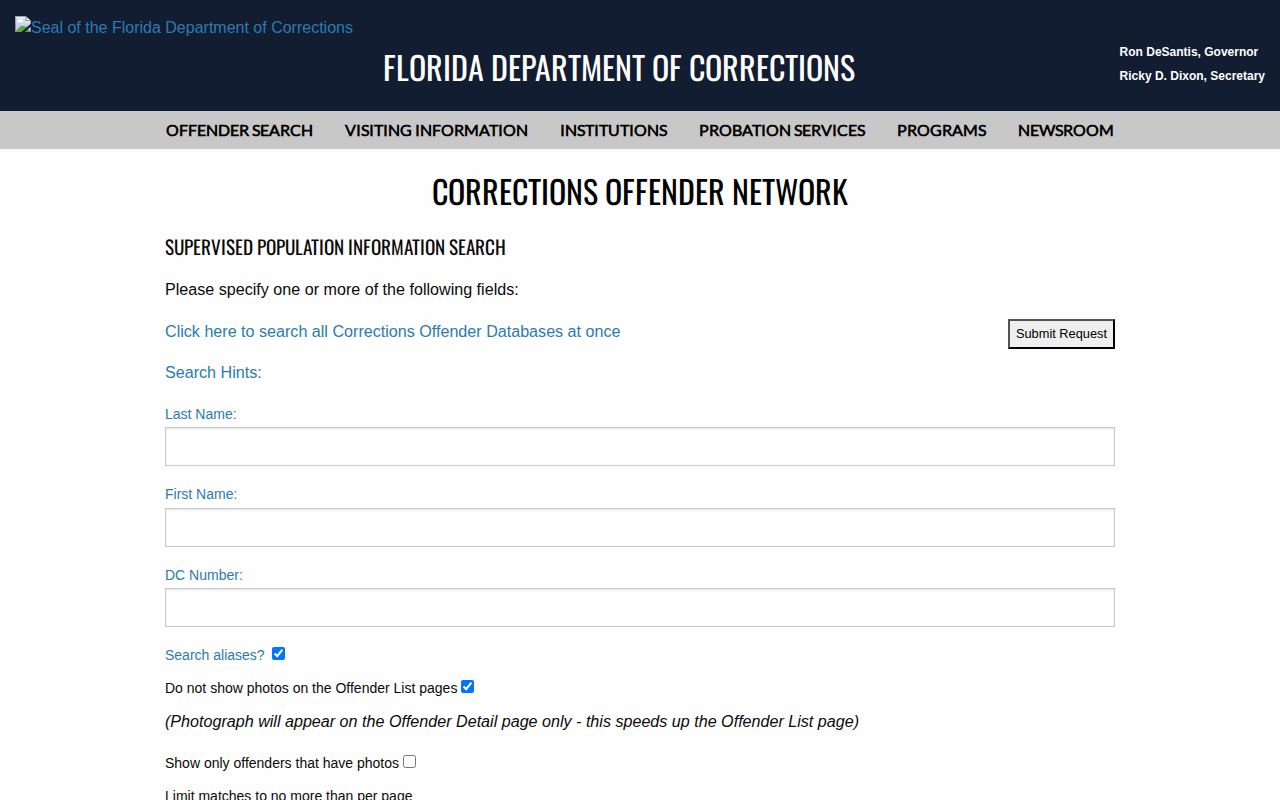Florida Department of Corrections Supervised Population search fields