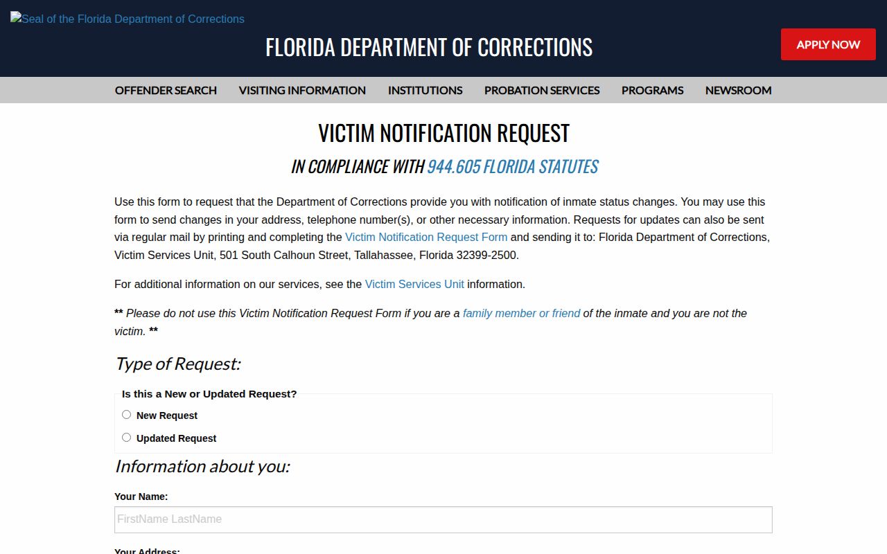 Florida Department of Corrections VINE notification information