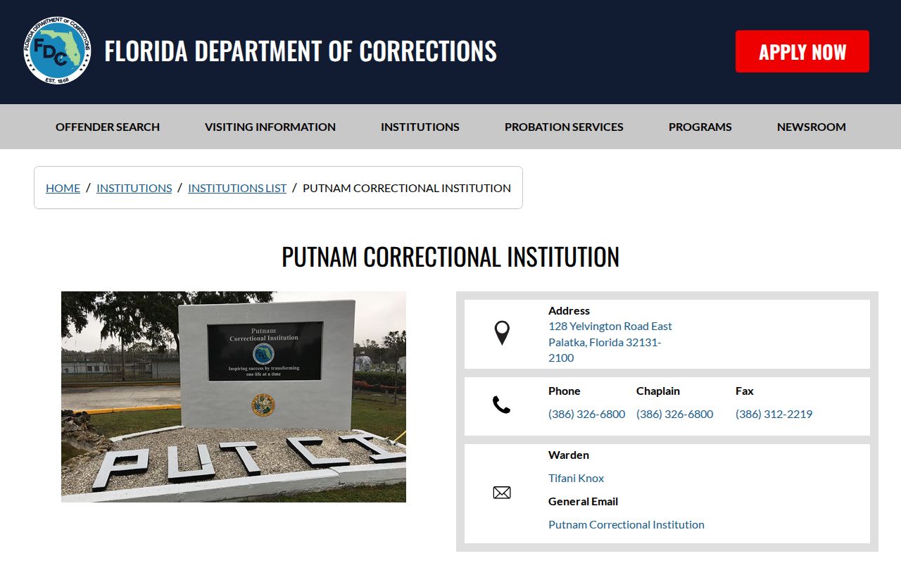 Putnam Correctional Institution identity and release contact information